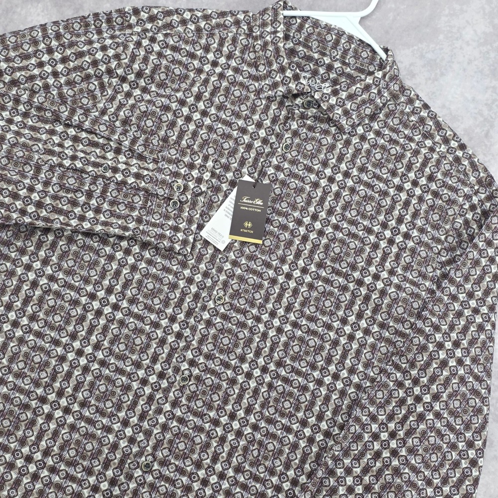 Tasso Elba Mens XXL Long Sleeve Button Down Shirt Brown Geometric Cotton Stretch